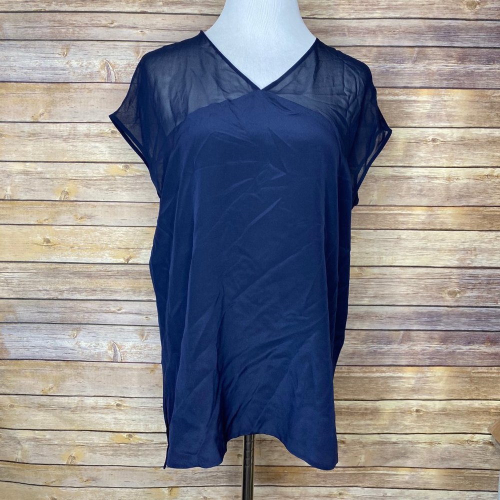 Vince Cap Sleeve Sheer Yoke Silk Blouse Indigo